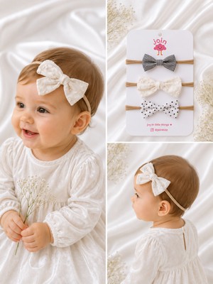 Joinkidz Bebek Saç Bandı Ekru Fiyonk 3'lü Set - (0-3 Yaş)