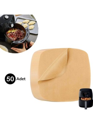 TeknoKapsül 50 Adet Air Fryer Pişirme Kağıdı Tek Kullanımlık Su Geçirmez Yapışmaz Deliksiz Düz Kare Model