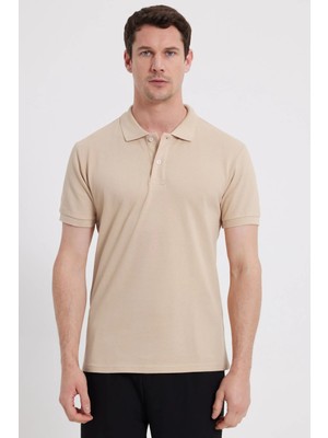 Tudors Erkek Slim Fit Dar Kesim %100 Pamuk Kısa Kollu Polo Yaka Ekru Tişört