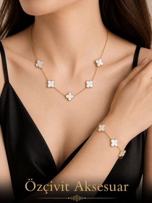 Beyaz Van Cleef Kolye Bileklik Seti