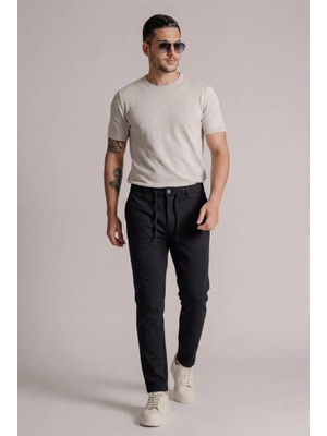 Braccas Erkek Siyah Slim Fit Bağcıklı Beli Yarım Lastikli Pamuklu Pantolon