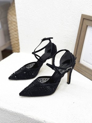 Stillo 420 Kadın Taşlı Tül Detay Bilekten Bağlı Ince Topuklu Yarım Açık Abiye Stiletto Siyah