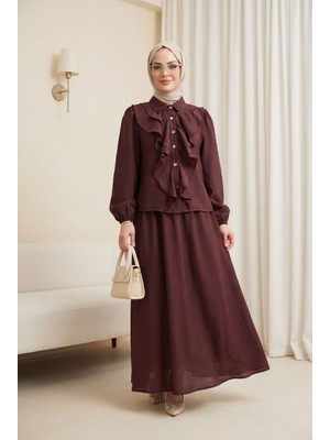 Moda Morfo Önü Fırfırlı Kolu Lastikli Eteği Astarlı Çilek Takım  -Mürdüm