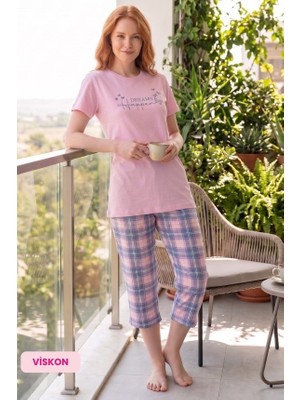 Guava Homewear Kadın Ekoseli Düğmesiz Bisiklet Yaka Yazlık Likra Viskon Esnek Kısa Kol Kapri Pijama Takımı