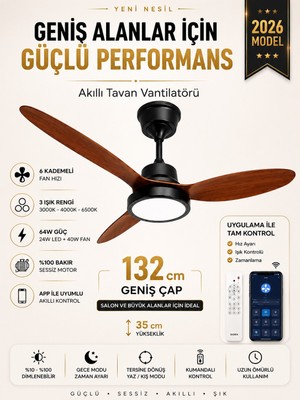 Kılıforyum 132 cm Akıllı Tavan Vantilatörü  – Kumandalı & App Kontrollü – 6 Kademeli Sessiz LED Tavan Fanı – 3 Işık Modlu – Yaz/kış Modu