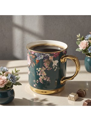 Aryıldız Lady Kupa Bardak Yeşil Porselen Çiçek Desenli 400 ml Tekil Parça Şık Tasarım