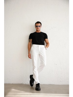 Braccas Erkek Armürlü Slim Fit Beyaz Pantolon