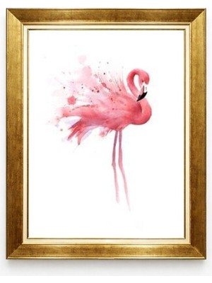 Tablore Altın Çerçeveli Pembe Flamingo Suluboya Modern Kanvas Tablo - Çocuk Odası ve Salon Duvar Dekoru