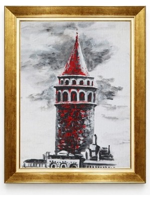 Tablore Galata Kulesi Kanvas Tablo Modern Yağlı Boya Dokulu Gold Çerçeveli