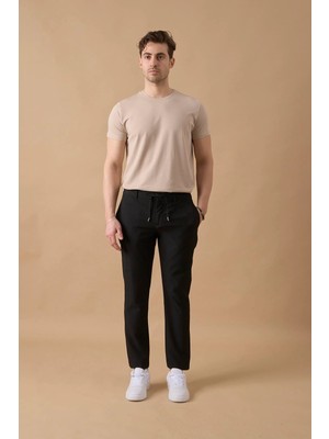 Braccas Erkek Slim Fit Beli Bağlamalı Dokulu Siyah Pantolon