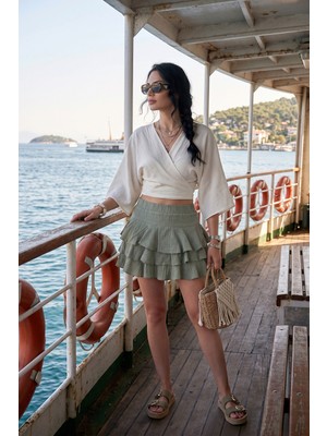 Lela Pamuklu Regular Fit Fırfırlı Mini Müslin Şort Etek Bayan Etek 5866662