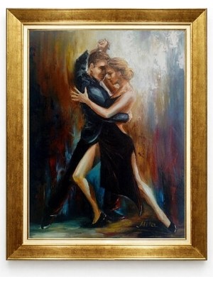Tablore Romantik Tango Dansı Yağlıboya Dokulu Kanvas Tablo Altın Çerçeveli Salon Duvar Dekoru