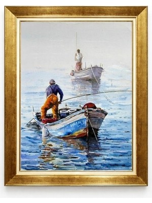 Tablore Suluboya Deniz ve Balıkçı Tekneleri Tablosu Altın Çerçeveli Modern Duvar Dekoru