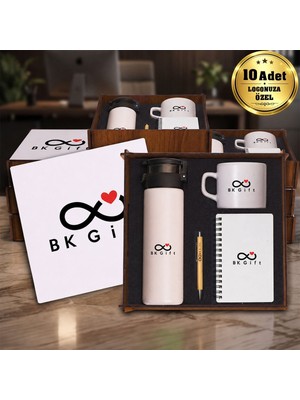 BK Gift Logonuza Özel 10 Adet Ahşap Kutulu Bej Kurumsal Hediye Seti – Cam Suluk, Seramik Fincan, Defter ve Kalemli Promosyon Seti