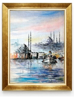 Tablore Altın Çerçeveli Istanbul Ortaköy Suluboya Tablosu Manzara Duvar Dekoru