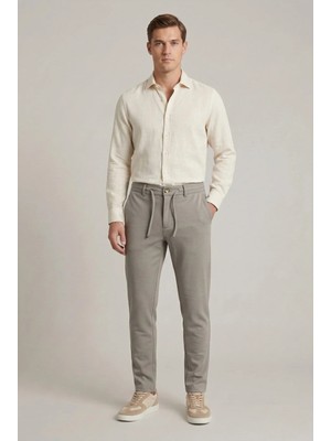 Braccas Erkek Açık Füme Slim Fit Bağcıklı Beli Yarım Lastikli Pamuklu Pantolon