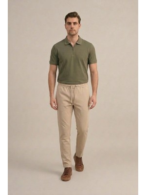 Braccas Erkek Bej Slim Fit Lastikli Bel Bağcıklı  Jogger Pantolon
