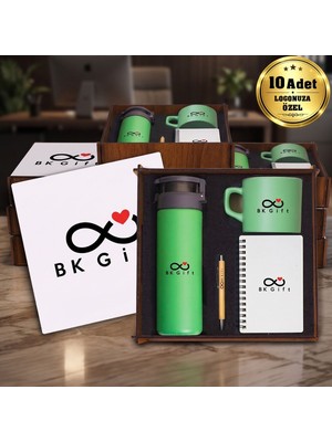 BK Gift Logonuza Özel 10 Adet Ahşap Kutulu Yeşil Kurumsal Hediye Seti – Cam Suluk, Seramik Fincan, Defter ve Kalemli Promosyon Seti