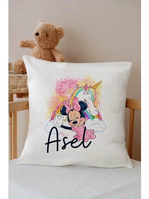 Lilabio Isme Özel %100 Pamuk Çocuk Odası Kırlent Kılıfı -Minnie ve Unicorn