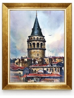 Tablore Tarihi Galata Kulesi Suluboya Görünümlü Kanvas Tablo Gold Çerçeveli Istanbul Manzaralı Tablo