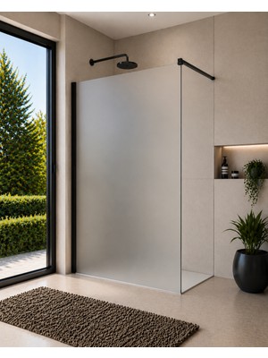 MONAQUA Mone Seperatör Duşakabin 6mm Ipek Satine Buzlu Cam - Siyah Profil Sabit Panel