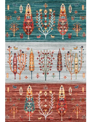Alpina Home Alpin Home New Age Yıkanabilir Etnik Figürlü Bordo Gri Turkuaz Renk Dokuma Taban Kaymaz Kilim