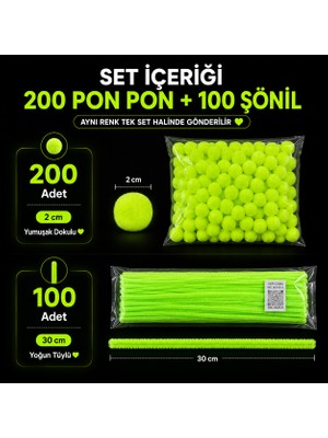 Mutkin 300 Parça Fosfor Yeşil Pon Pon Şönil Seti | 200 Adet 2 cm Ponpon + 100 Adet 30 cm Tüylü Şönil Tel | Okul Hobi Süsleme Dıy