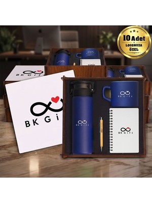 BK Gift Logonuza Özel 10 Adet Ahşap Kutulu Lacivert Kurumsal Hediye Seti – Cam Suluk, Seramik Fincan, Defter ve Kalemli Promosyon Seti
