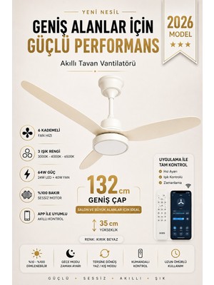 Kılıforyum 132 cm Akıllı Tavan Vantilatörü  – Kumandalı & App Kontrollü – 6 Kademeli Sessiz LED Tavan Fanı – 3 Işık Modlu – Yaz/kış Modu
