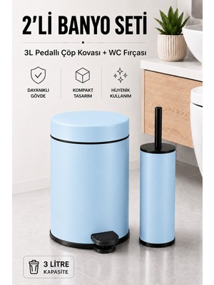 Sas Haus Pedallı Çöp Kovası 3 Litre Iç Kovalı Kapaklı Tuvalet Fırçalı Banyo Seti Krom - Titan 7103