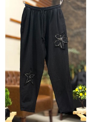 Sahnemoda Çiçek Yıldız Baskı Işleme Keten Pantolon