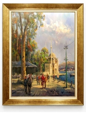 Tablore Istanbul Ortaköy Sahili ve Camii Kanvas Tablo Gold Çerçeveli Yağlı Boya Efektli Duvar Resimleri