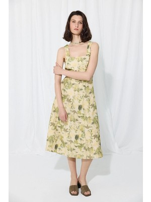 Gusto Iz Koleksiyonu Eco Print Kare Yaka Keten Elbise - Yeşil