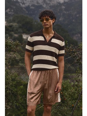 Tarz Cool Erkek Oversize Kalın Örgü Polo Yaka Triko Fileli Tişört Çizgili Vintage Yazlık Rahat Fit