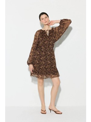 Gusto Desenli Rayon Şifon Elbise - Kahverengi