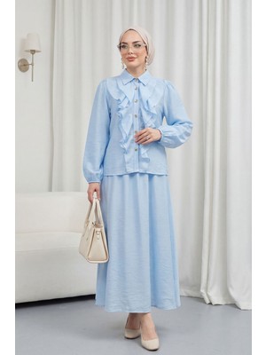 Moda Morfo Önü Fırfırlı Kolu Lastikli Eteği Astarlı Çilek Takım  -Bebe Mavi