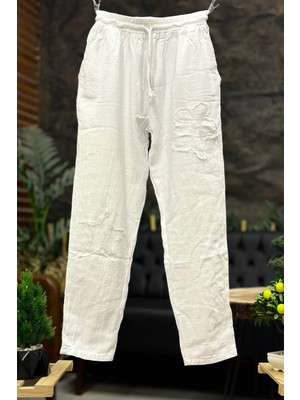 Sahnemoda Çiçek Yıldız Baskı Işleme Keten Pantolon