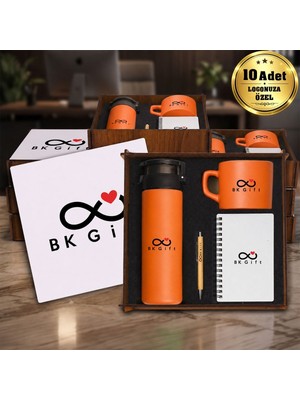 BK Gift Logonuza Özel 10 Adet Ahşap Kutulu Turuncu Kurumsal Hediye Seti – Cam Suluk, Seramik Fincan, Defter ve Kalemli Promosyon Seti