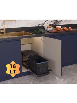 ALMITAL Cassone 16 Litre Kısa (Eviye altı dolaba uygun) Dolap içi Raylı Antrasit Çöp Kovası - Kapak Genişliği 40 cm