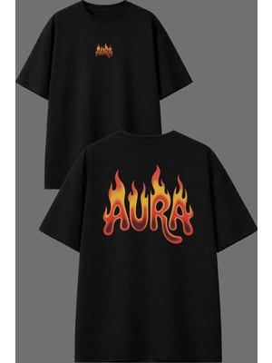 Vsrn Aura Alevli Tasarım Ön Arka Baskılı Siyah Oversize T Shirt