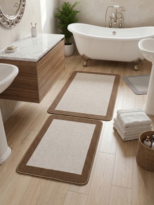 My Evilla Sisal Vektör Kaymaz Tabanlı Kolay Silinebilir 2li Beyaz Kahve Banyo Paspas Seti 60X100-50X60