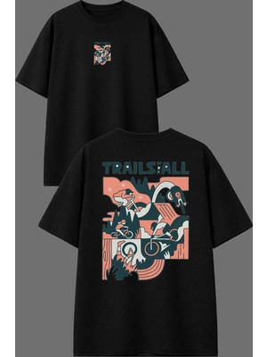Vsrn Traıls Tasarım Ön Arka Baskılı Siyah Oversize T Shirt