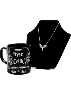 As Gift Anneler Gününe Özel Gold-Gümüş Baskılı Siyah Kupa Bardak & Gümüş Mikail Kolye Hediye Seti (Model)