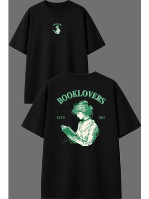 Vsrn Kitap Okumayı Seven Tasarım Ön Arka Baskılı Siyah Oversize T Shirt