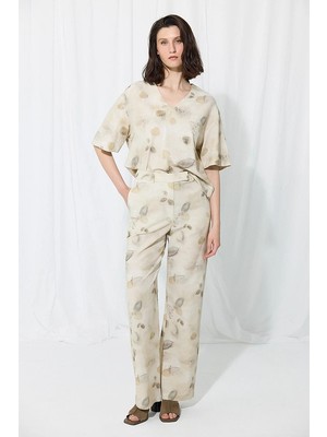 Gusto Iz Koleksiyonu Eco Print Koton Keten Pantolon - Taş