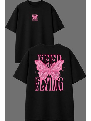 Vsrn Keep Flyıng Tasarım Ön Arka Baskılı Siyah Oversize T Shirt