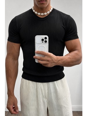 Tarz Cool Erkek Slim Fit Fitilli Triko Tişört Bisiklet Yaka Premium Pamuk Basic Yazlık T-Shirt