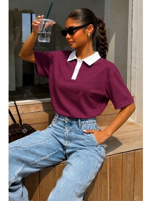 Tarz Cool Kadın Polo Yaka Tişört Regular Fit Kısa Kollu Günlük Basic Tişört