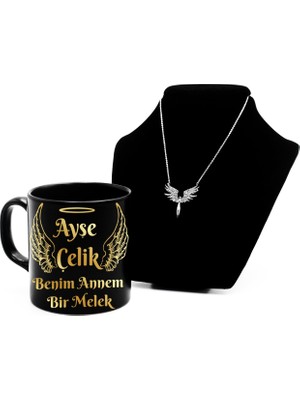 As Gift Anneler Gününe Özel Gold-Gümüş Baskılı Siyah Kupa Bardak & Gümüş Mikail Kolye Hediye Seti