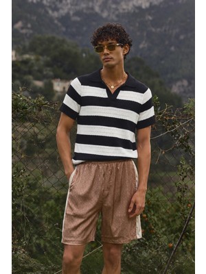 Tarz Cool Erkek Oversize Kalın Örgü Polo Yaka Triko Fileli Tişört Çizgili Vintage Yazlık Rahat Fit